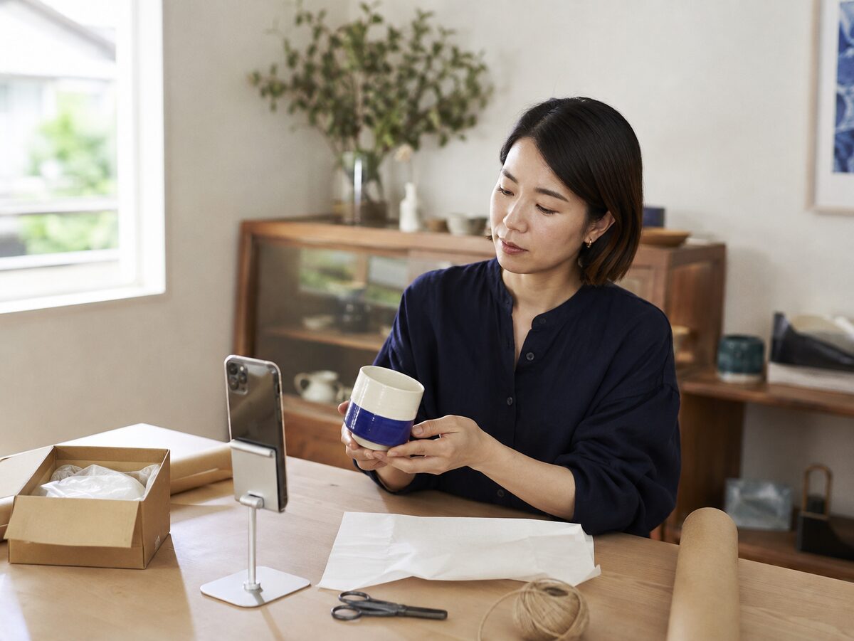 スタジオで商品の出品と発送を準備する個人セラー