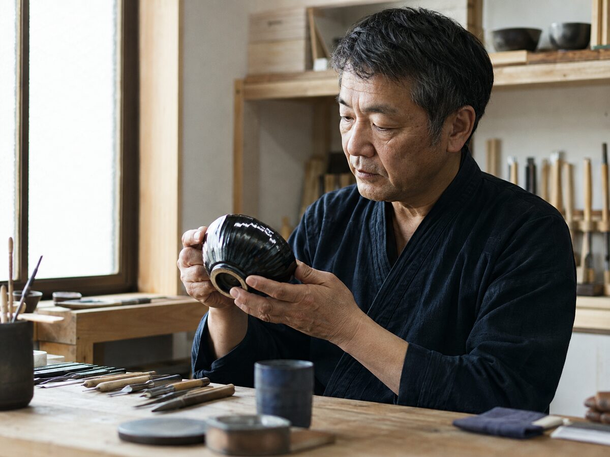 工房で完成した商品を確認する日本の作り手