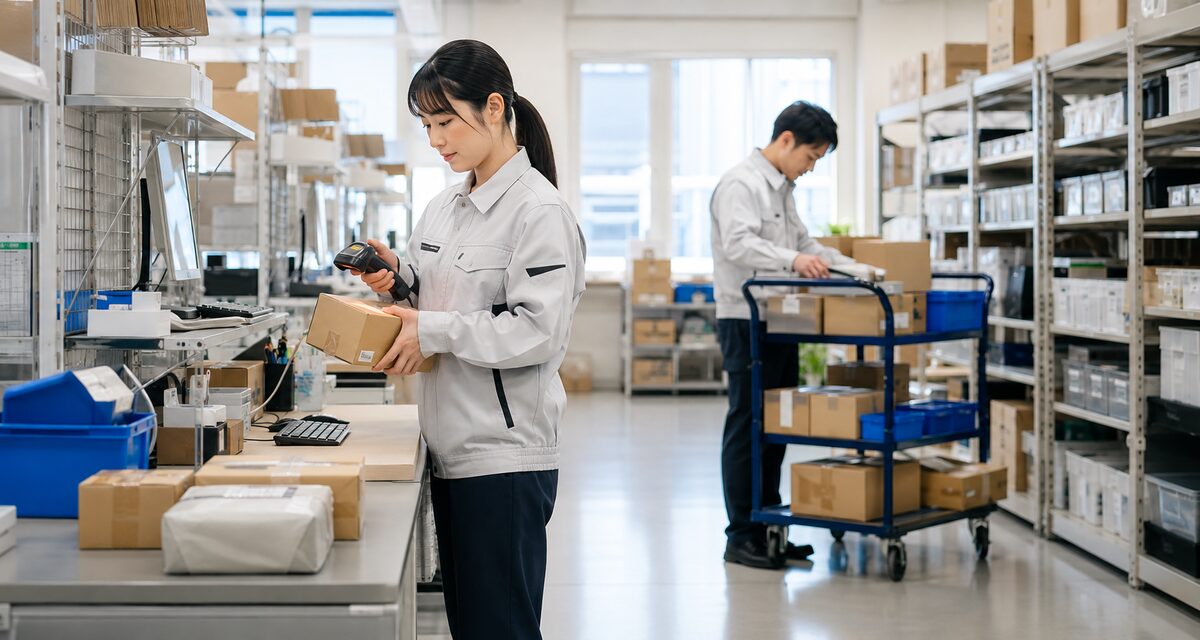 EC向けの荷物をスキャンして処理する日本の倉庫スタッフ